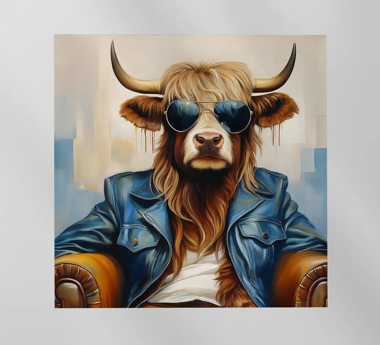 Mucca Highland che si rilassa con occhiali da sole e giacca blu pellicola backlit da Take Your Art BV