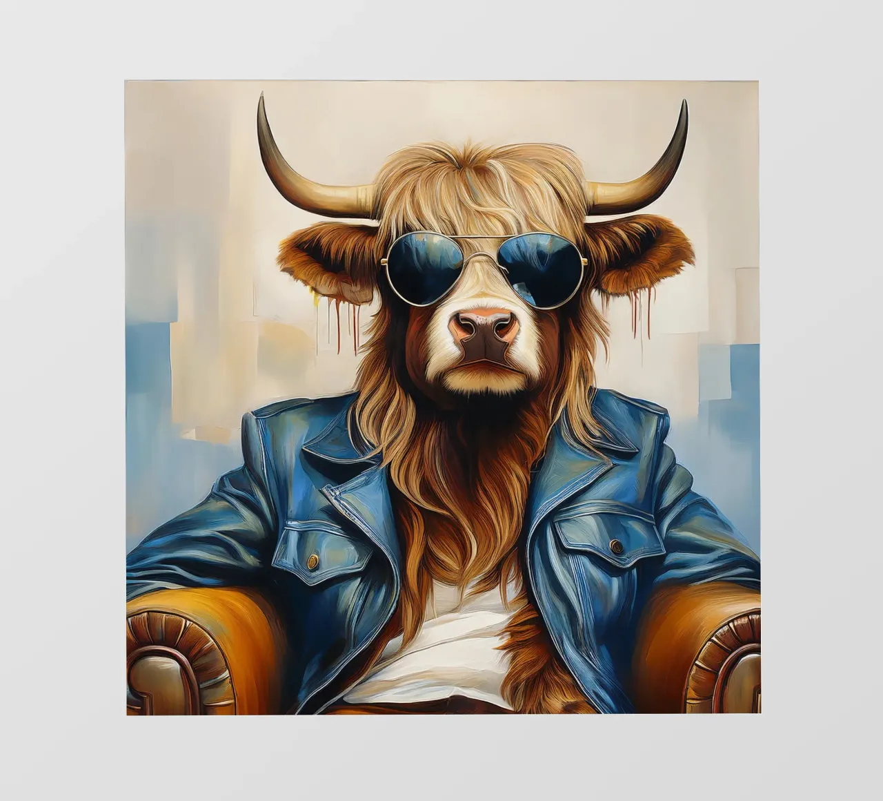 Mucca Highland che si rilassa con occhiali da sole e giacca blu pellicola backlit da Take Your Art BV