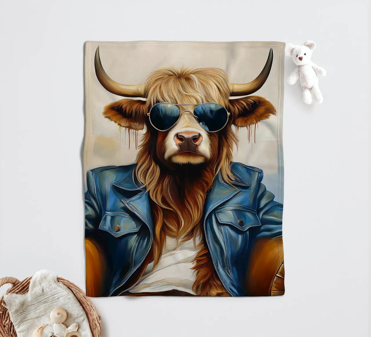 Mucca Highland che si rilassa con occhiali da sole e giacca blu coperta in pile da Take Your Art BV