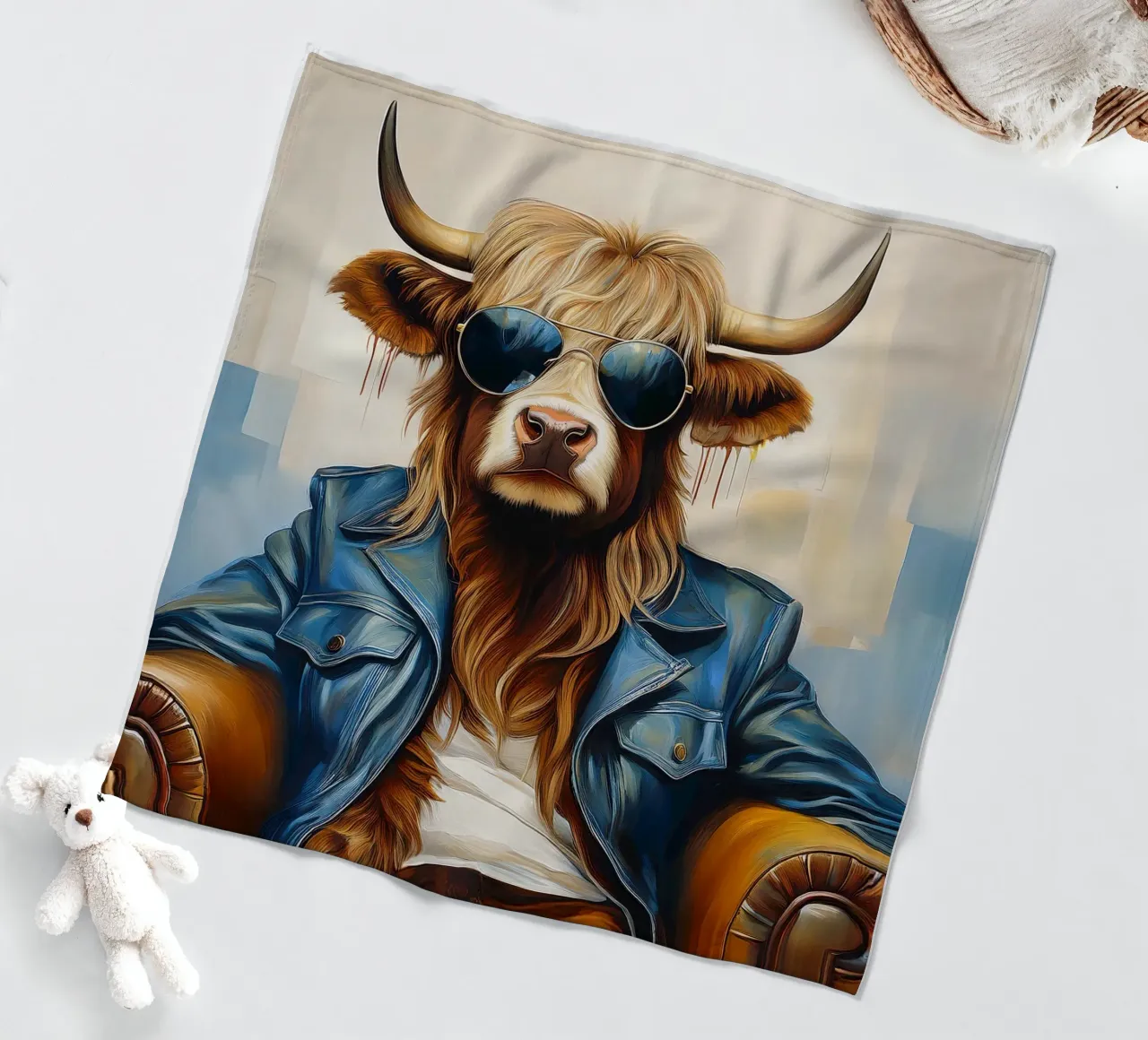 Mucca Highland che si rilassa con occhiali da sole e giacca blu coperta in pile da Take Your Art BV