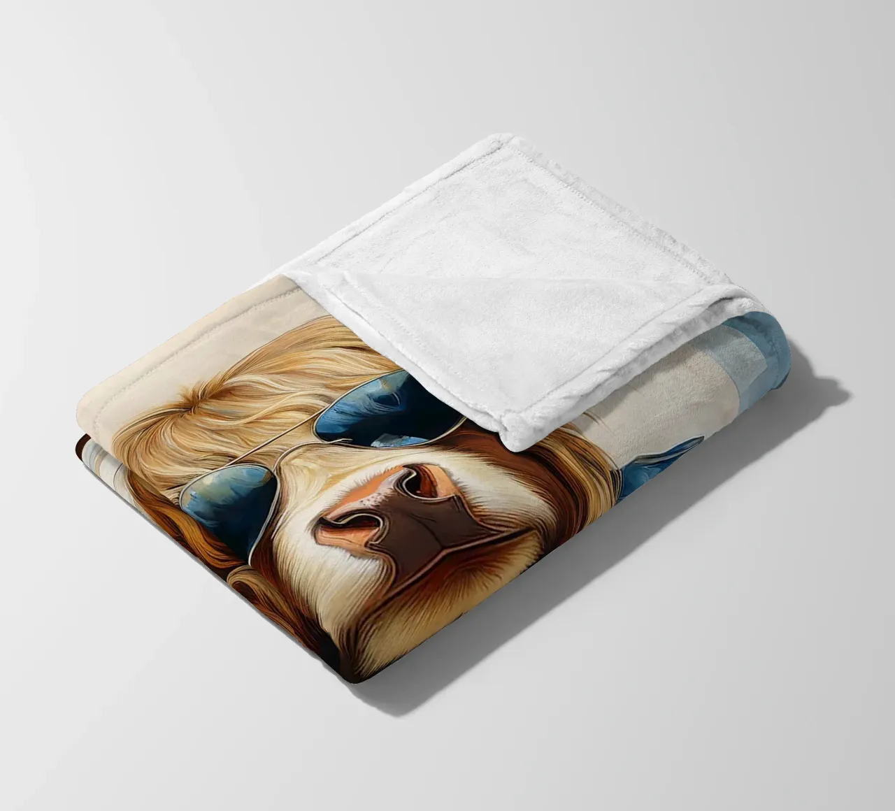 Mucca Highland che si rilassa con occhiali da sole e giacca blu coperta in pile da Take Your Art BV