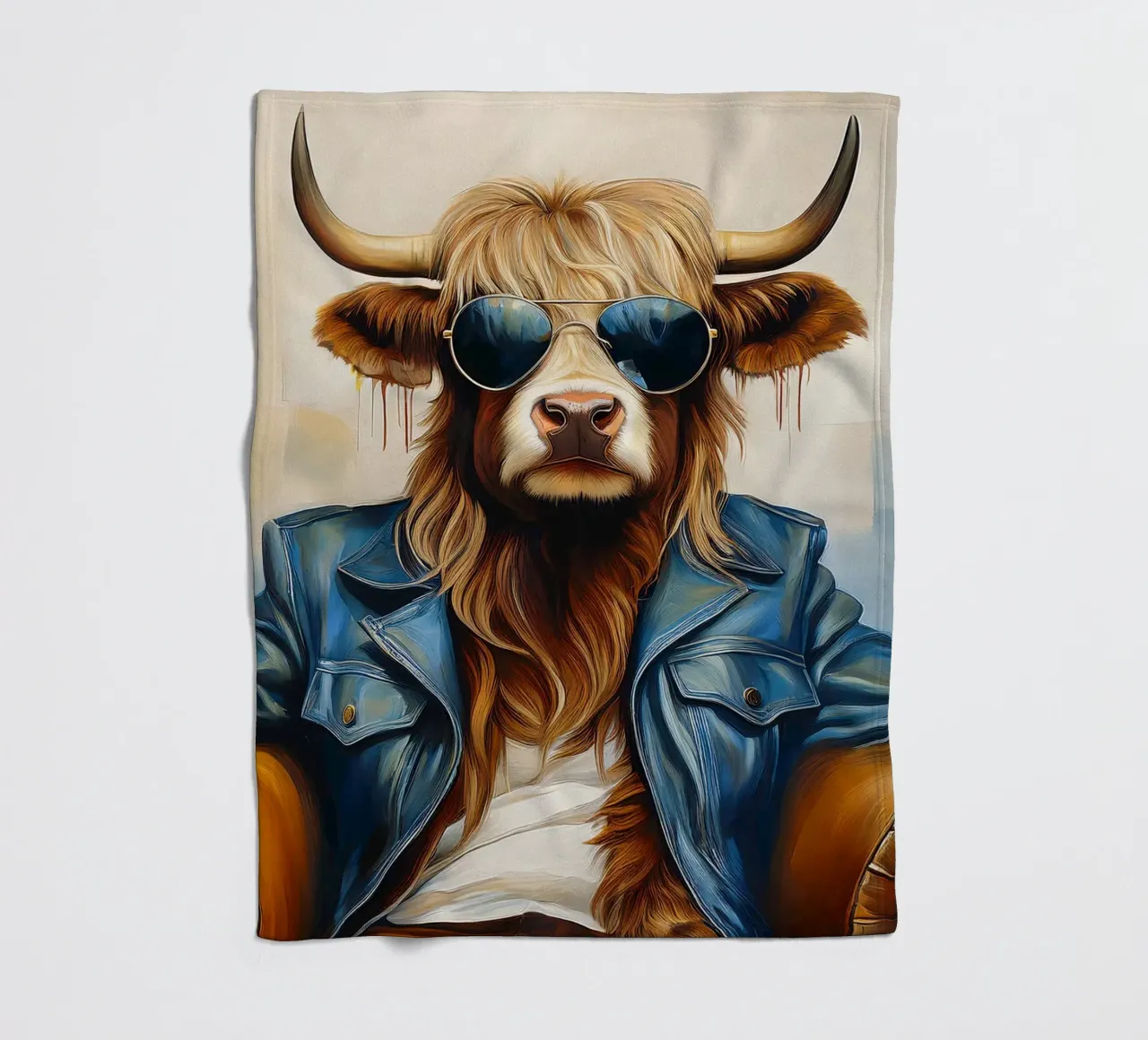 Mucca Highland che si rilassa con occhiali da sole e giacca blu coperta in pile da Take Your Art BV