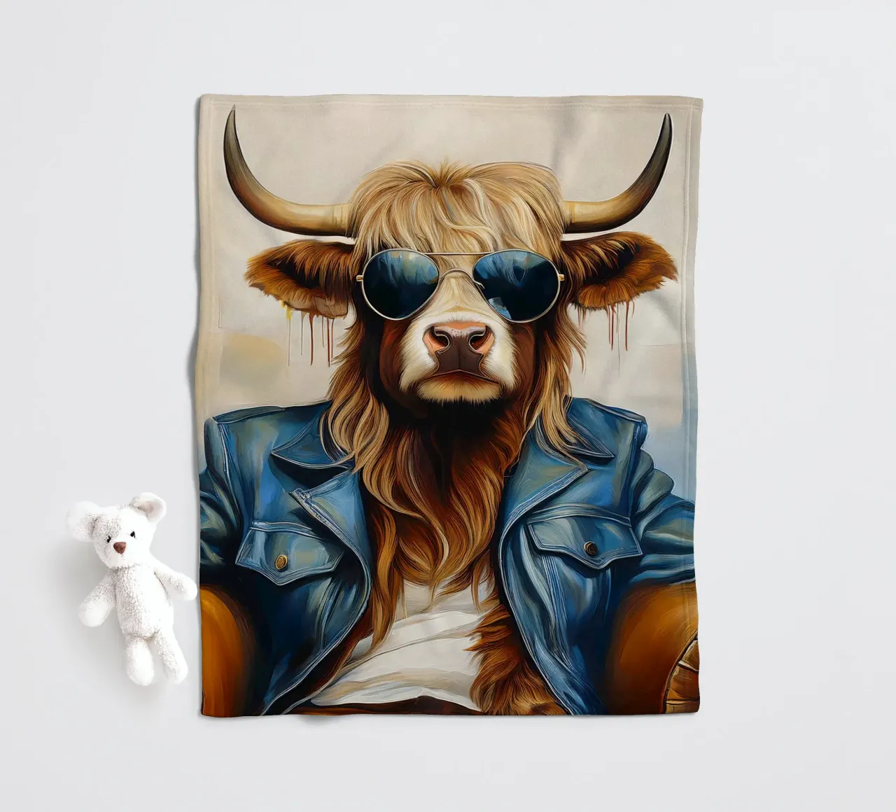 Mucca Highland che si rilassa con occhiali da sole e giacca blu coperta in pile da Take Your Art BV
