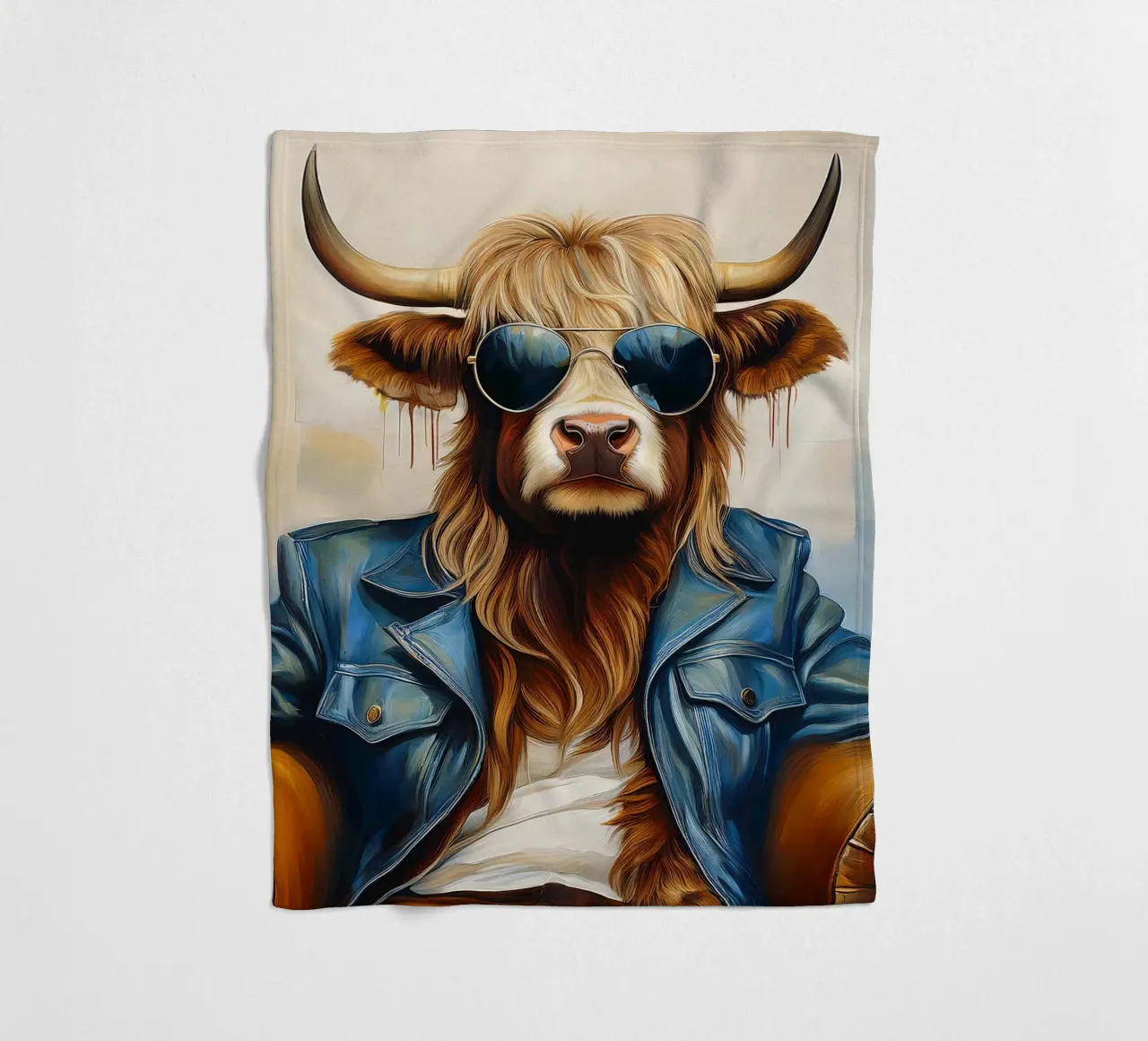 Mucca Highland che si rilassa con occhiali da sole e giacca blu coperta in pile da Take Your Art BV