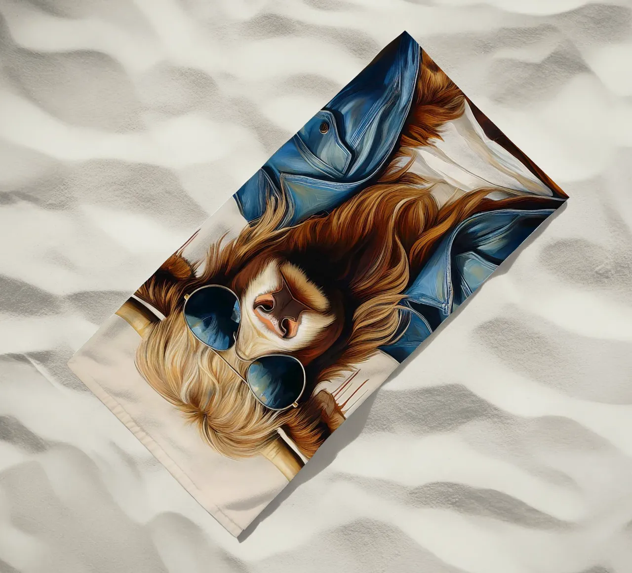 Mucca Highland che si rilassa con occhiali da sole e giacca blu telo mare da Take Your Art BV