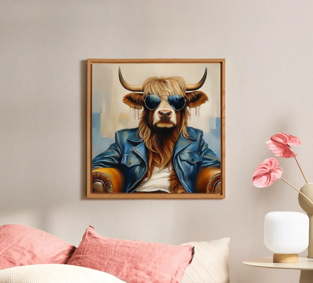 Mucca Highland che si rilassa con occhiali da sole e giacca blu pannello forex da Take Your Art BV