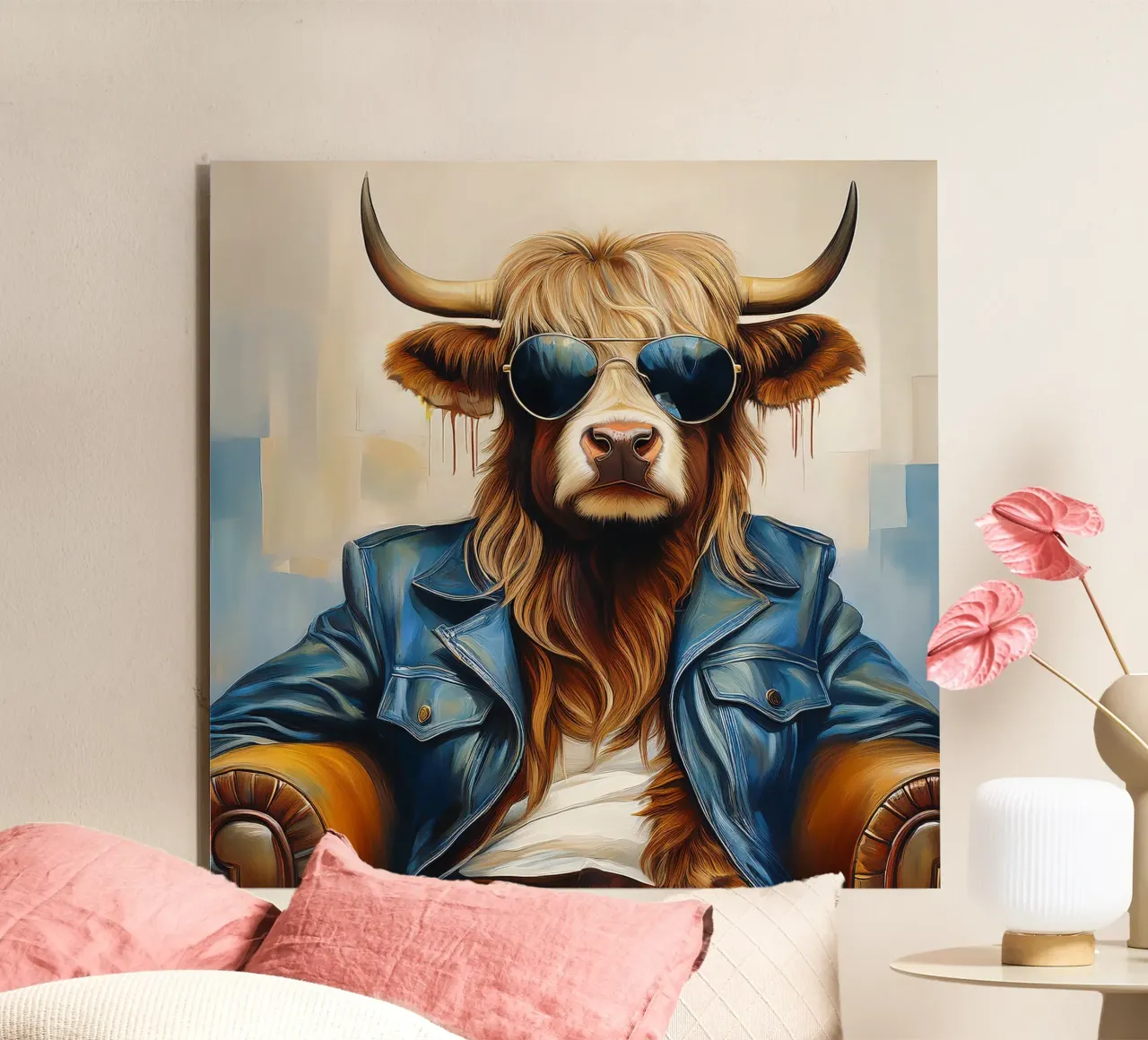Mucca Highland che si rilassa con occhiali da sole e giacca blu pannello forex da Take Your Art BV
