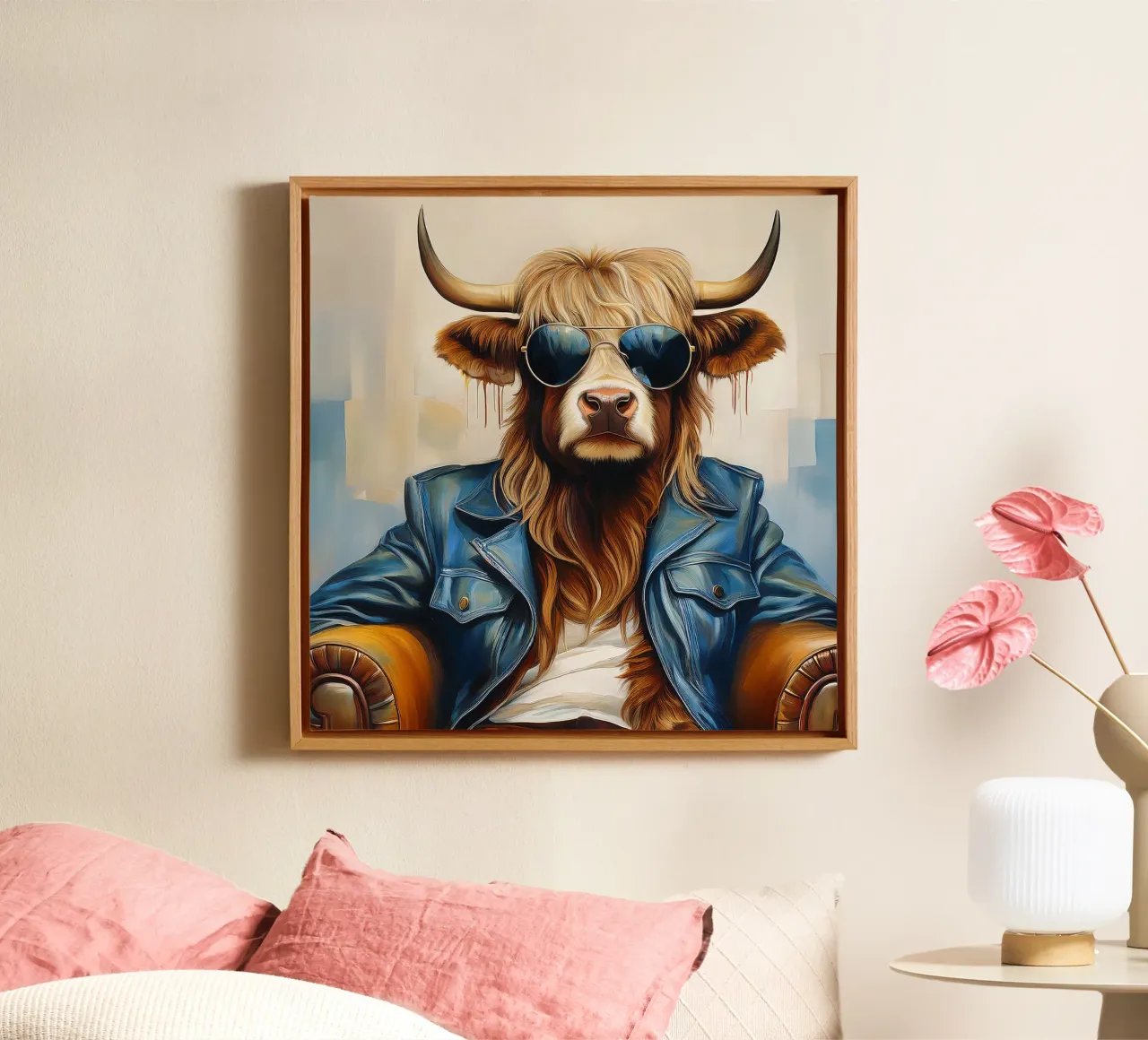Highland cow relaxing with cool sunglasses and blue jacket canvas with Floater frame by Take Your Art BV