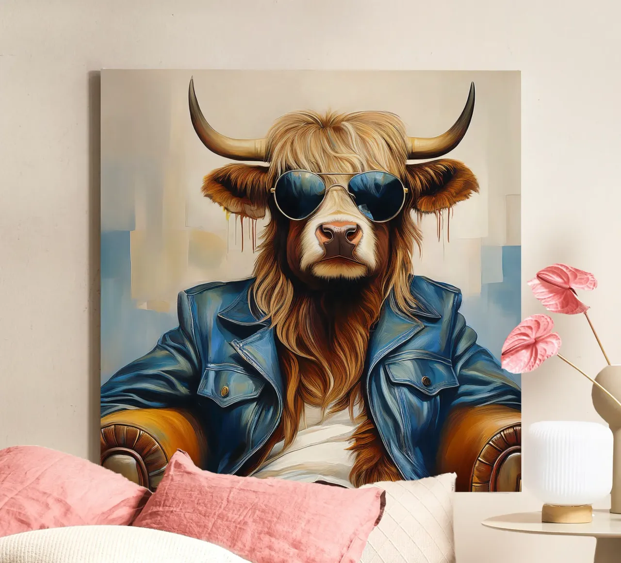 Highland cow relaxing with cool sunglasses and blue jacket canvas with Floater frame by Take Your Art BV