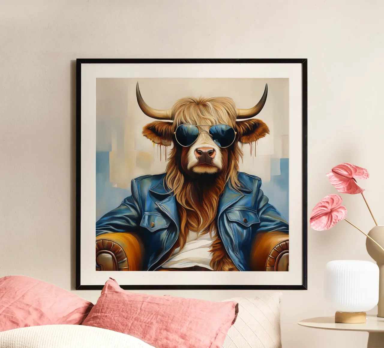 Mucca Highland che si rilassa con occhiali da sole e giacca blu carta hahnemühle da Take Your Art BV