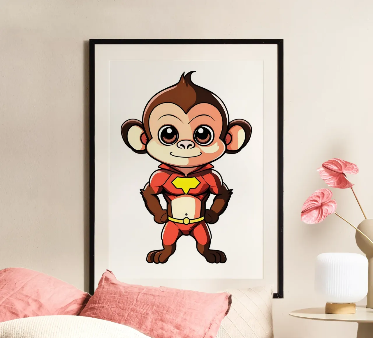 Scimmia, baby scimmia come supereroe poster con telaio in alluminio da Tierisch bunt by LK
