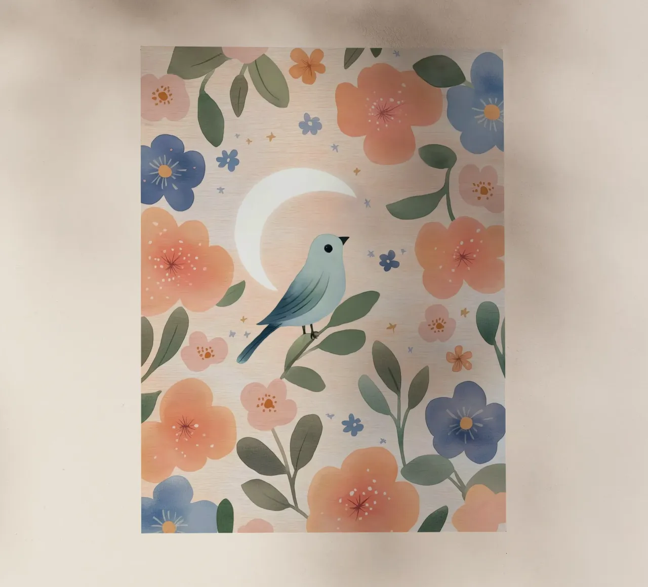 Uccello Boho con piuma Luna Fiori botanici vintage pellicola backlit da Gentle Echoes Art