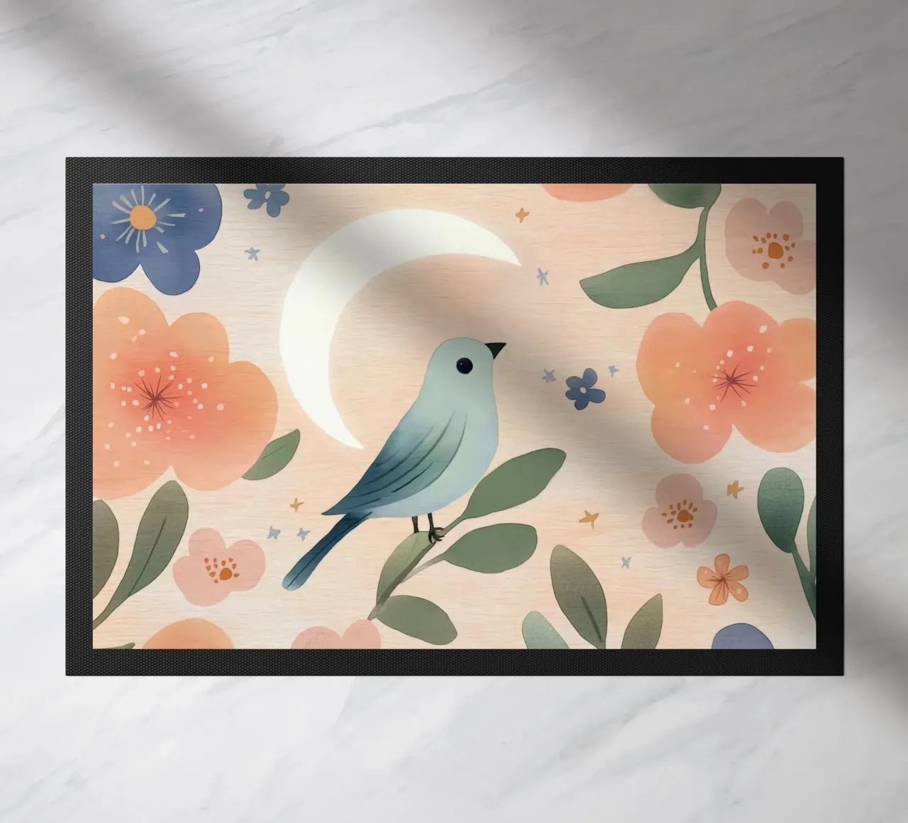 Uccello Boho con piuma Luna Fiori botanici vintage zerbino da Gentle Echoes Art