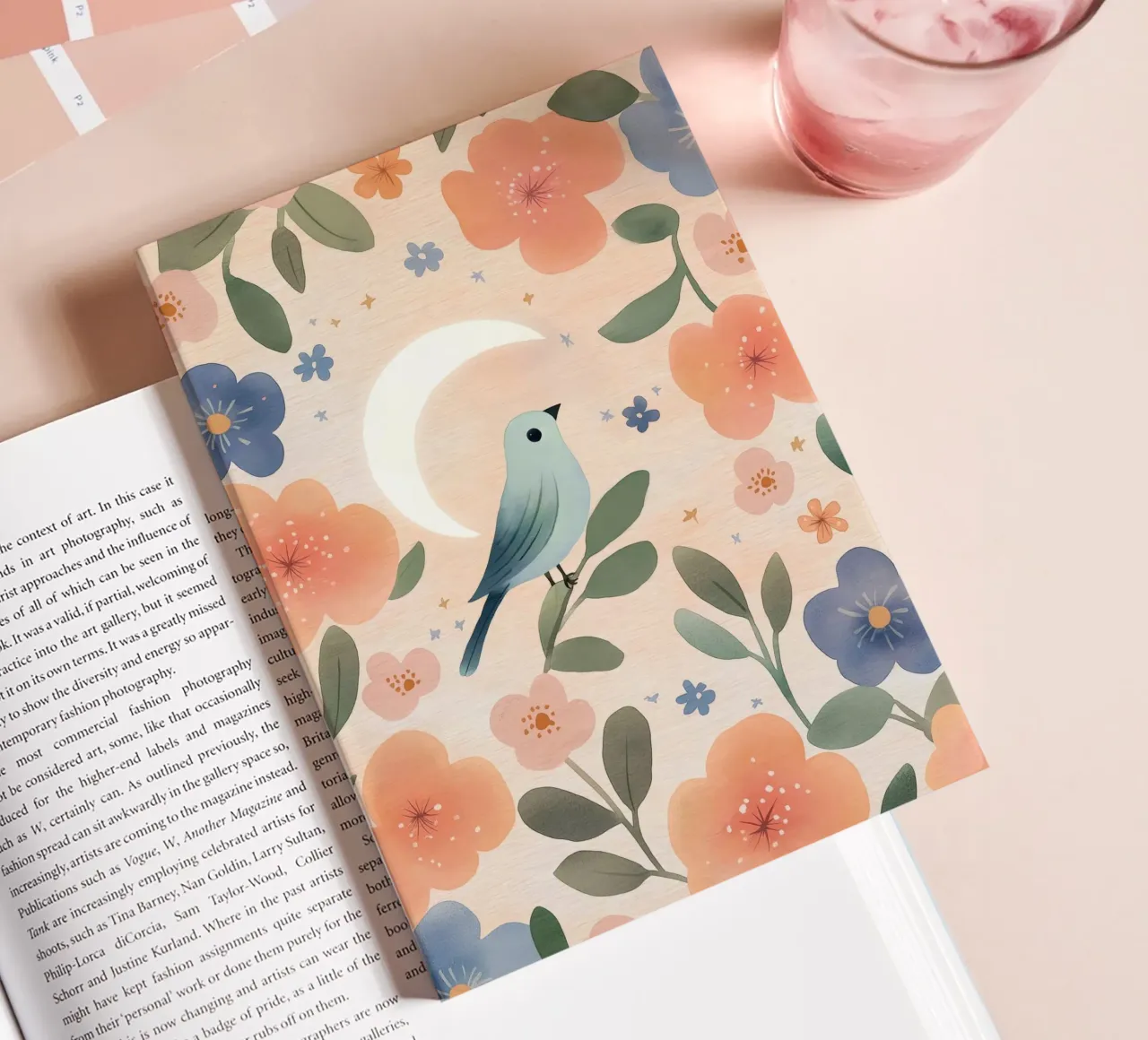 Boho Bird with Feather Moon Vintage Botanical Flowers notebook by Gentle Echoes Art