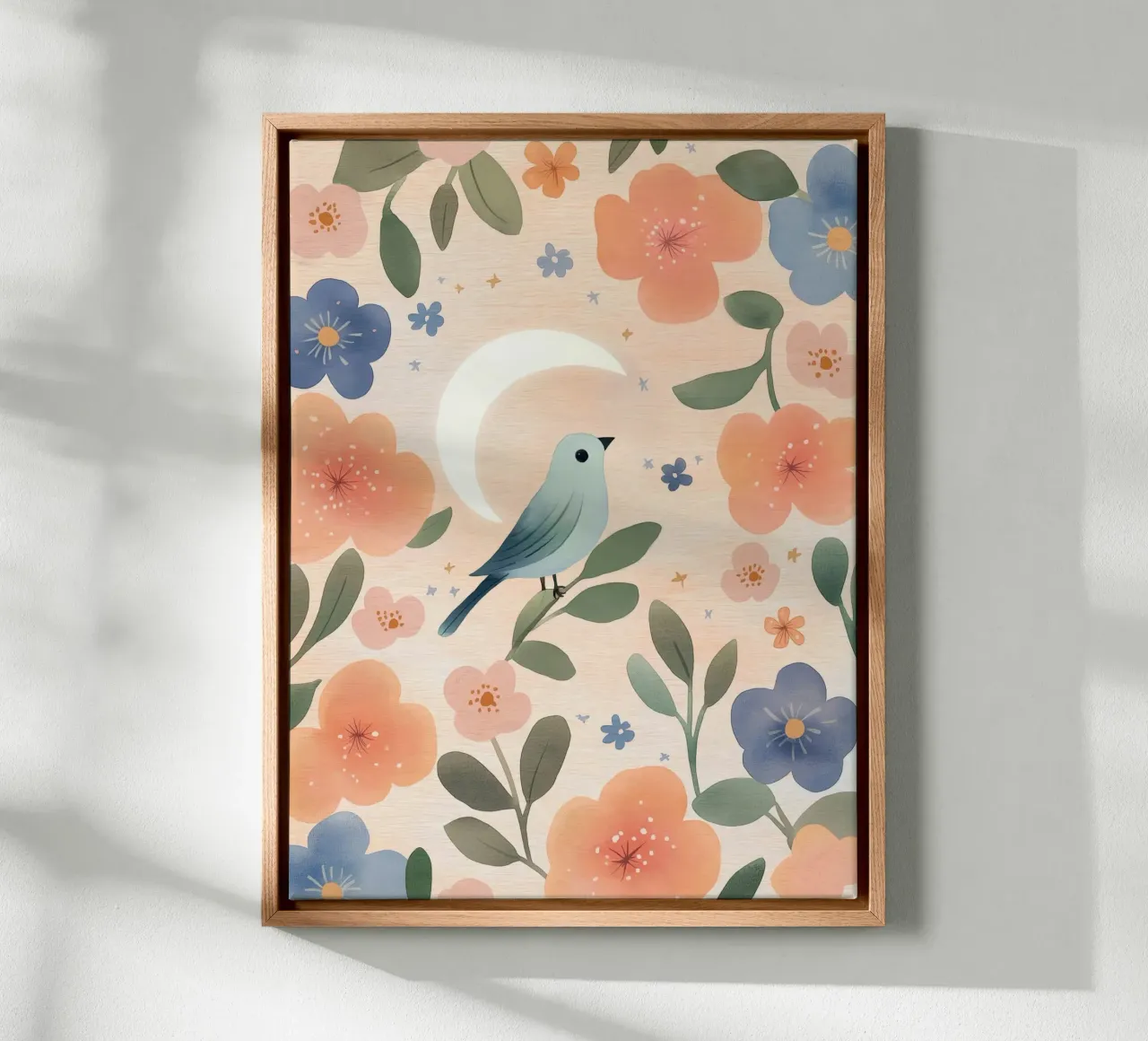 Uccello Boho con piuma Luna Fiori botanici vintage tela con Cornice a cassetta da Gentle Echoes Art
