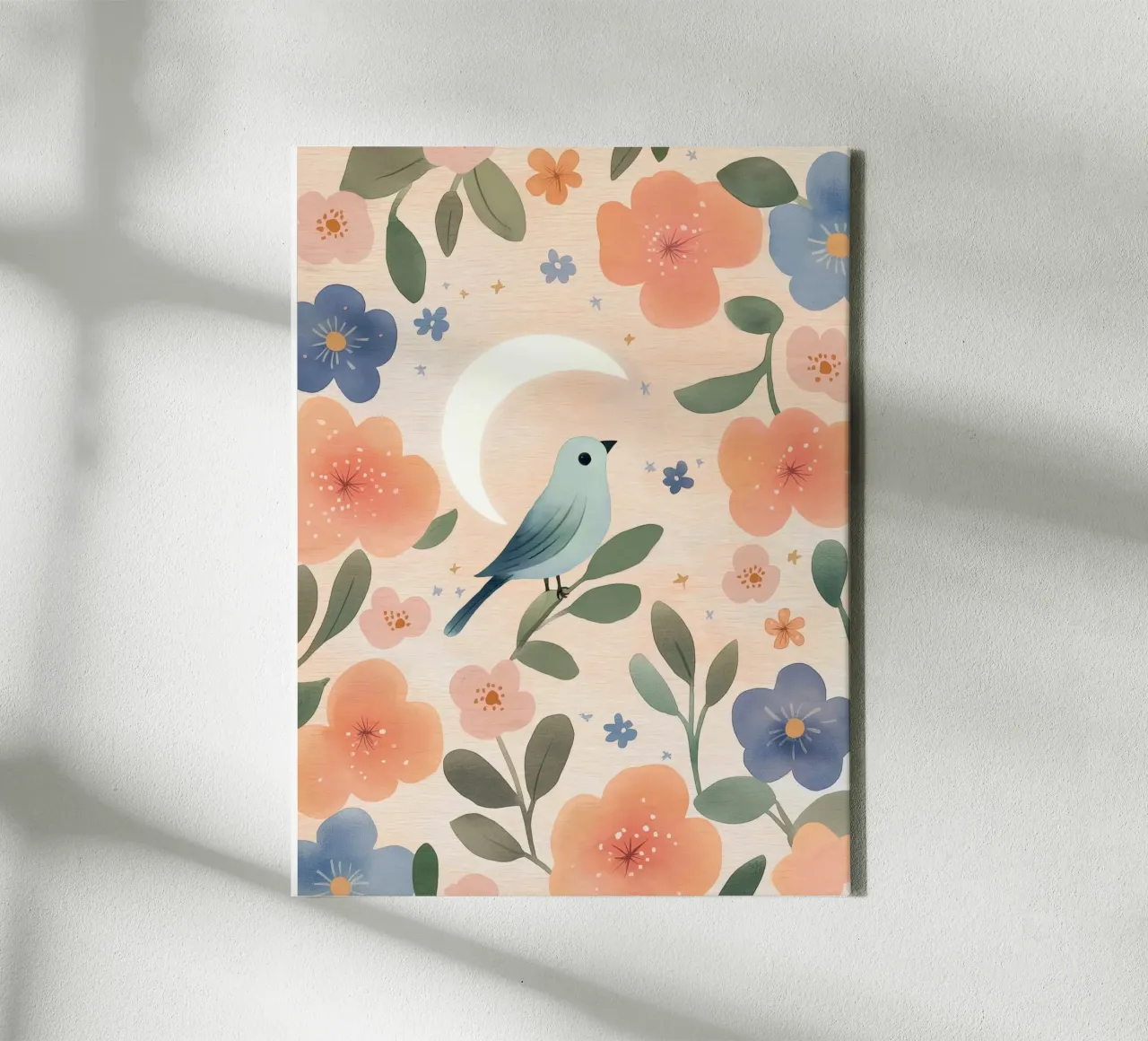 Uccello Boho con piuma Luna Fiori botanici vintage tela con Cornice a cassetta da Gentle Echoes Art