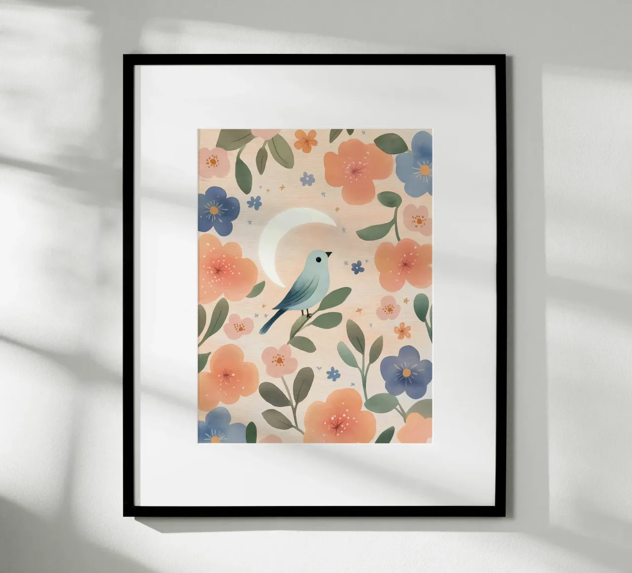 Uccello Boho con piuma Luna Fiori botanici vintage poster con telaio in alluminio da Gentle Echoes Art