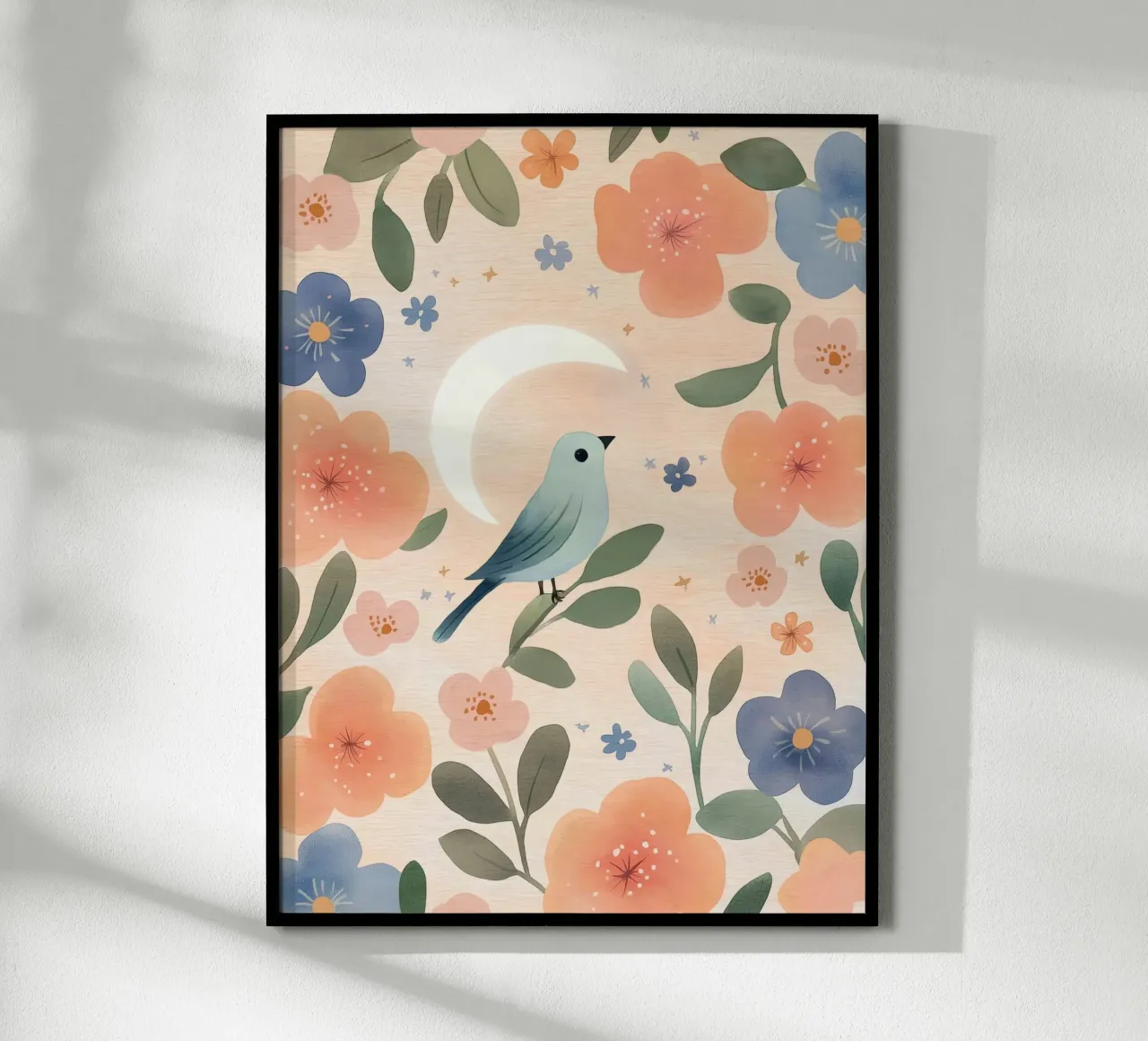 Uccello Boho con piuma Luna Fiori botanici vintage poster con telaio in alluminio da Gentle Echoes Art