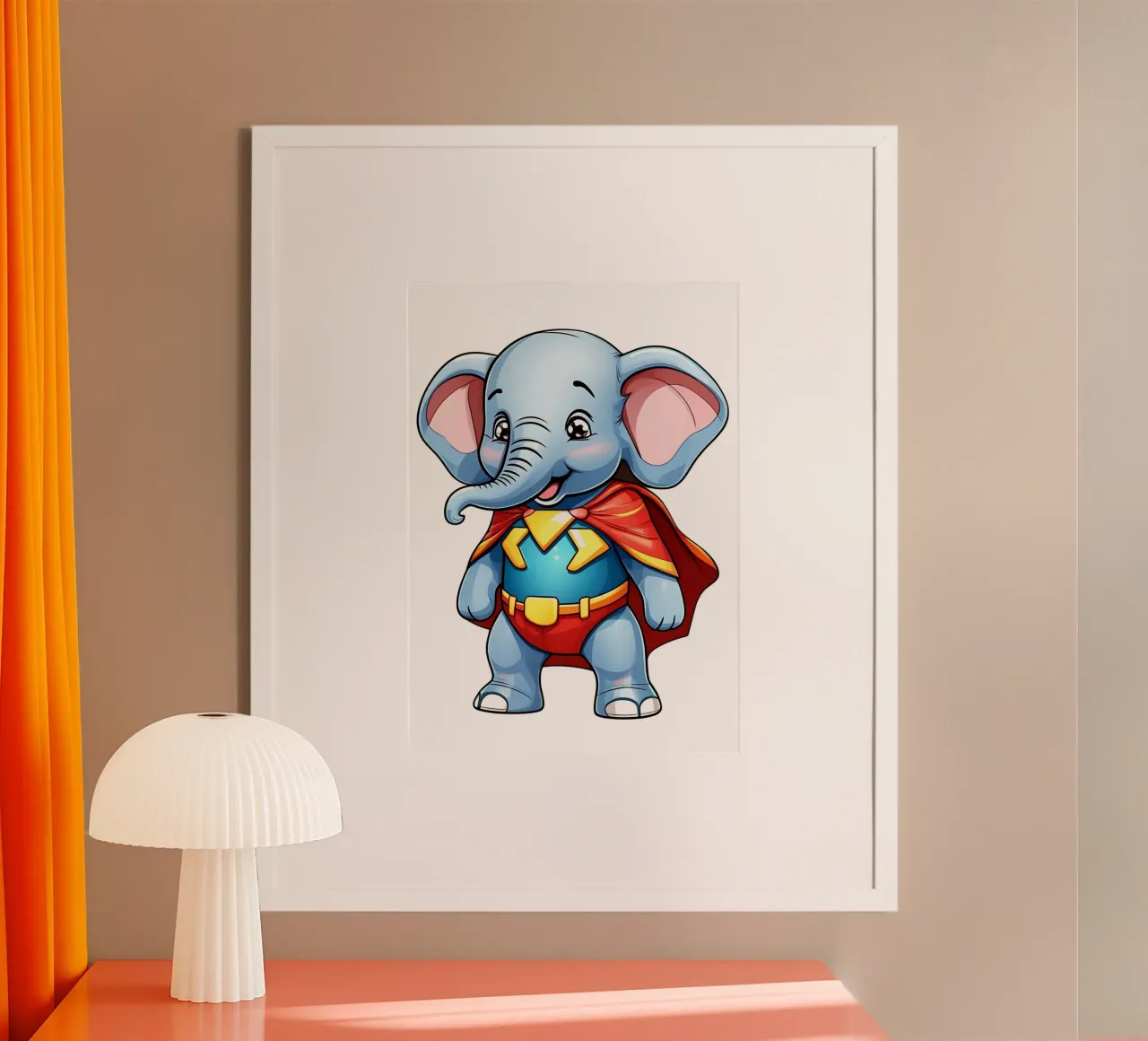 Elefante, cucciolo di elefante come supereroe poster con telaio in legno da Tierisch bunt by LK