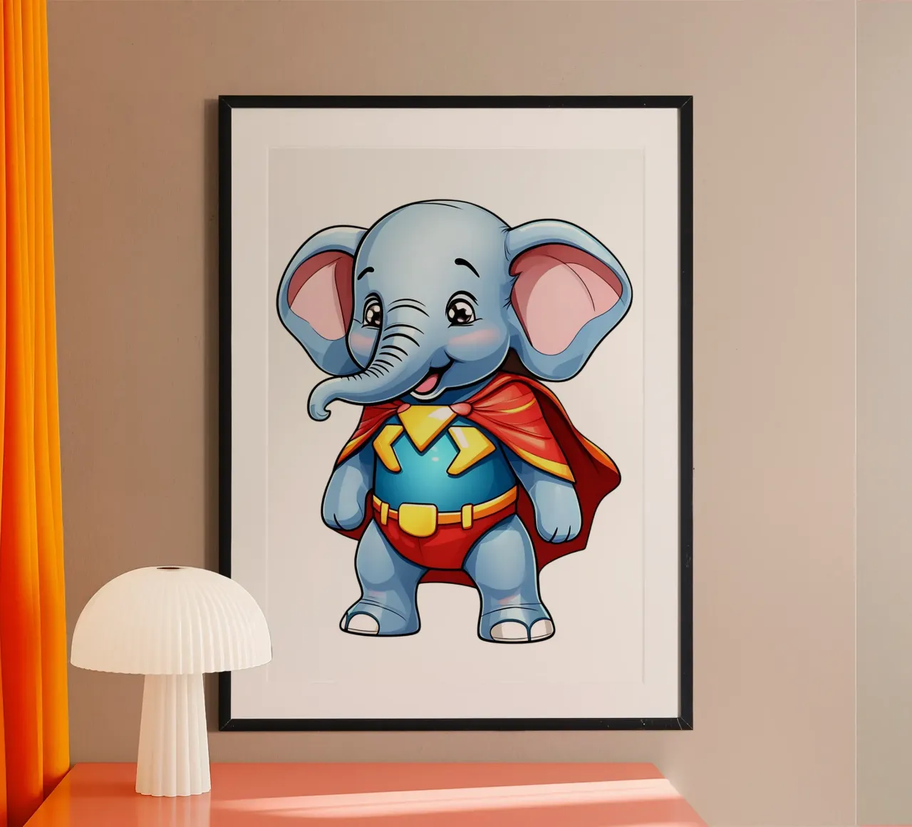 Elefante, cucciolo di elefante come supereroe poster con telaio in legno da Tierisch bunt by LK