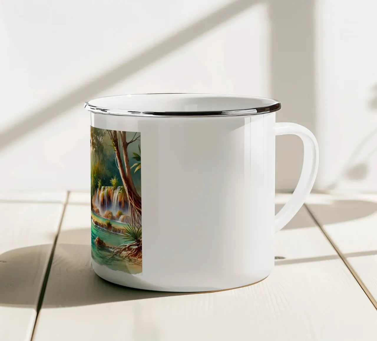 Sogno di un paesaggio acquatico esotico tazza in smalto da Chromatic Fusion Studio