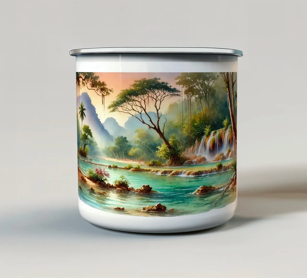 Sogno di un paesaggio acquatico esotico tazza in smalto da Chromatic Fusion Studio