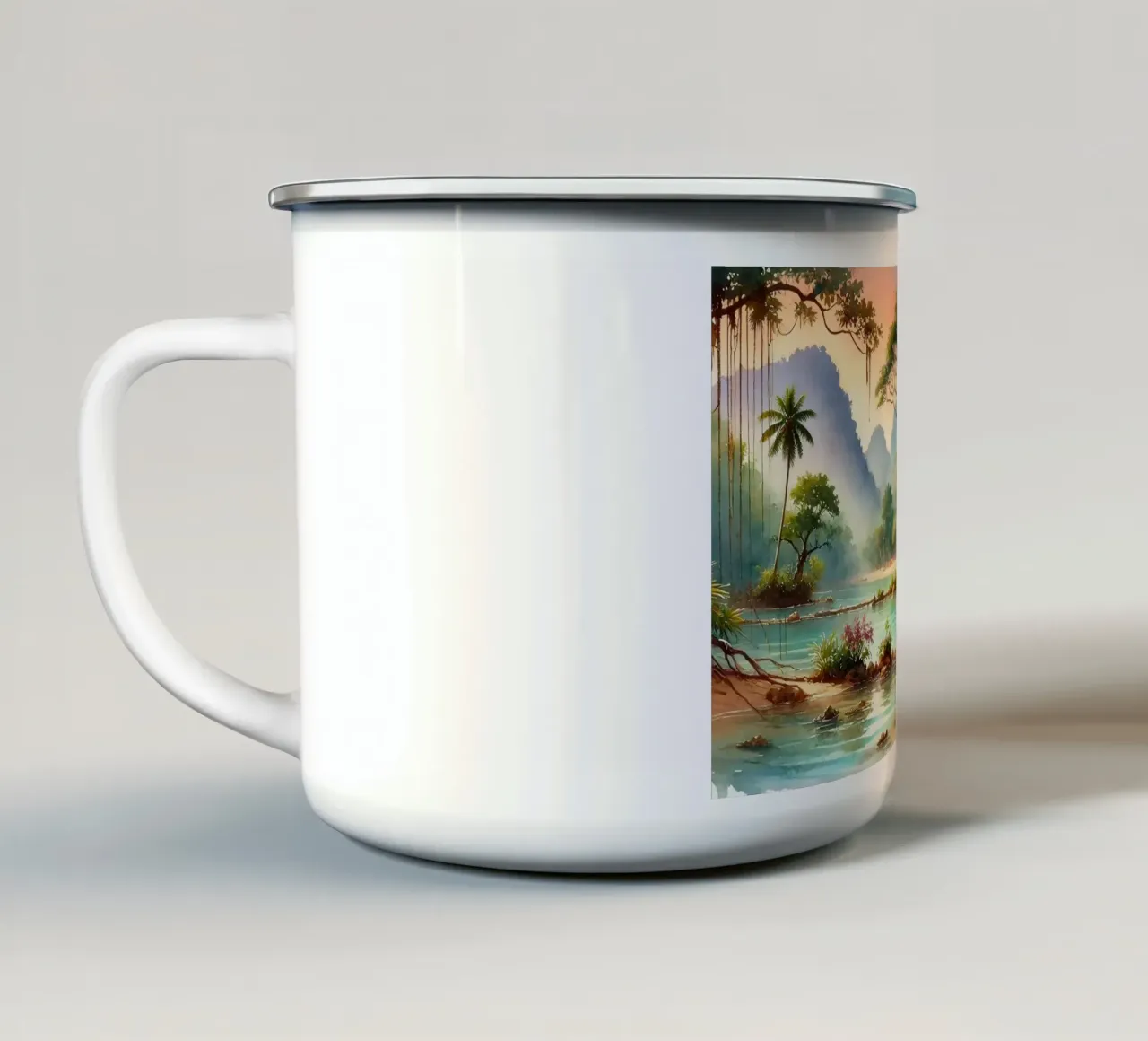 Sogno di un paesaggio acquatico esotico tazza in smalto da Chromatic Fusion Studio