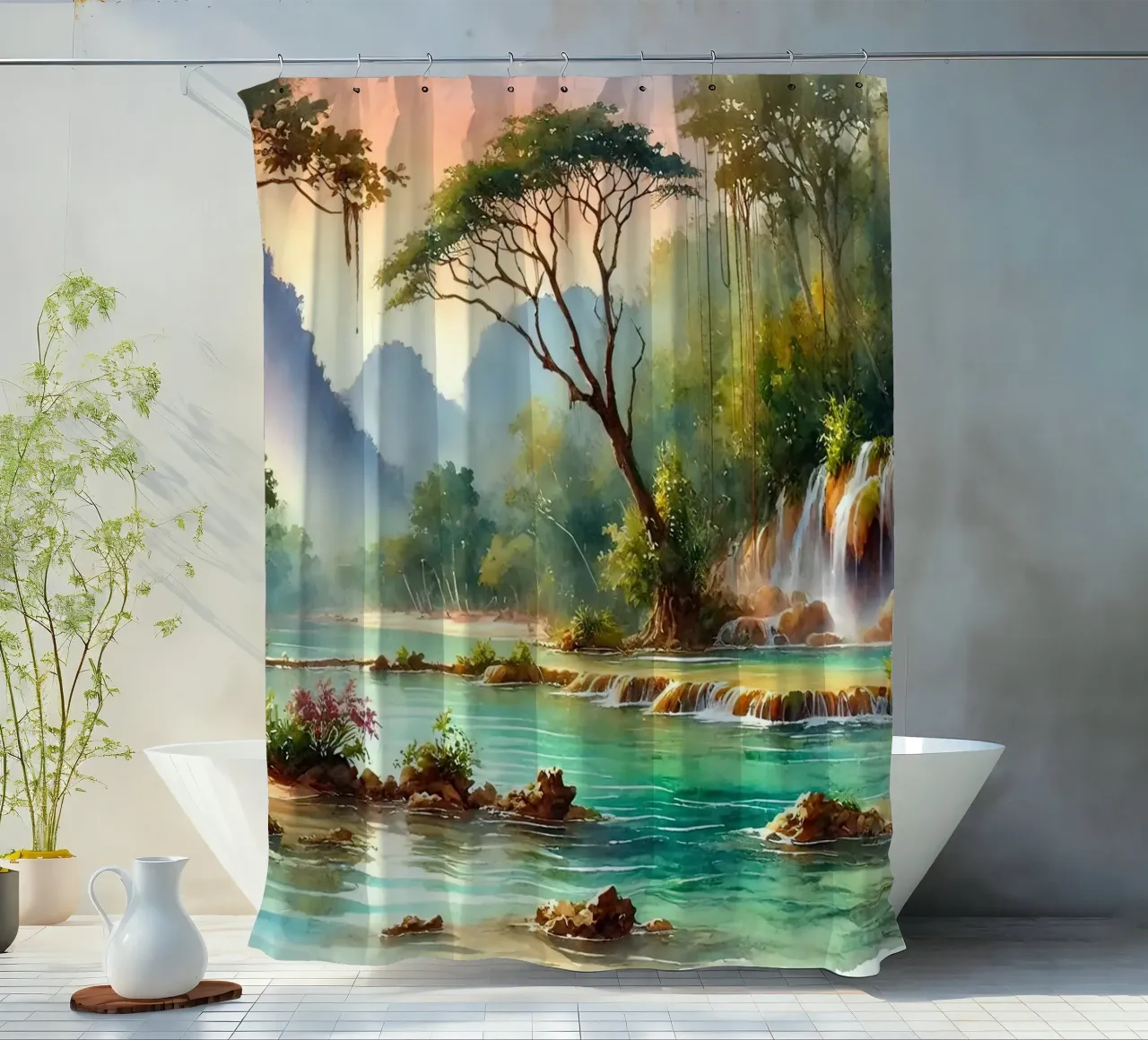 Exotic Waterscape Dream shower curtain by Chromatic Fusion Studio