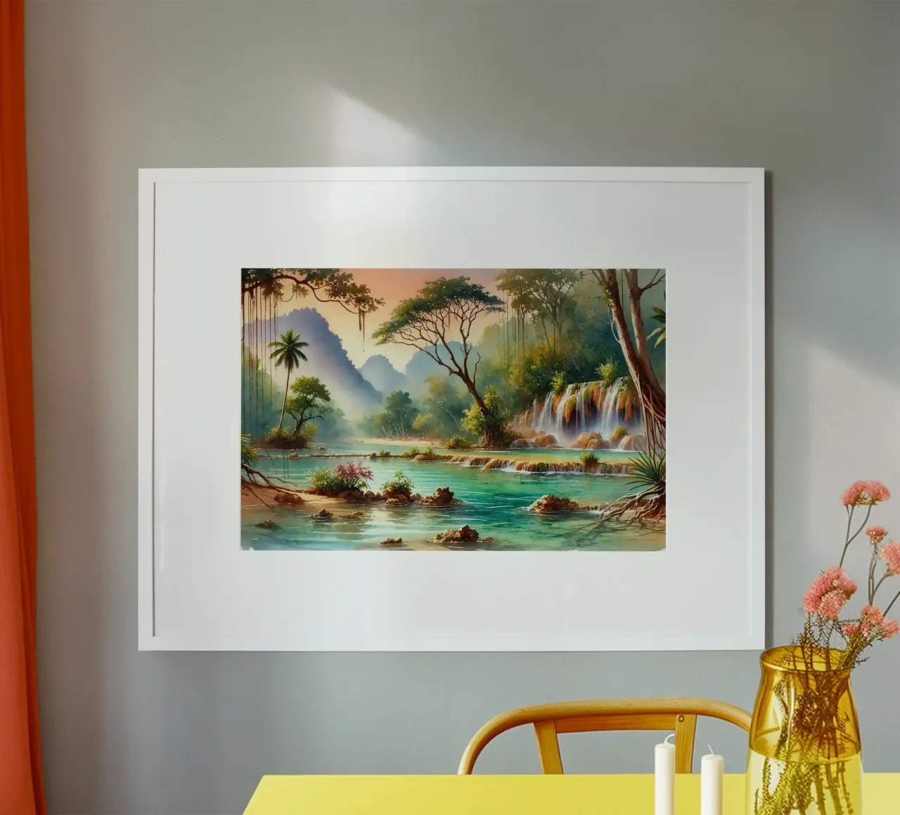 Sogno di un paesaggio acquatico esotico poster con telaio in plastica da Chromatic Fusion Studio