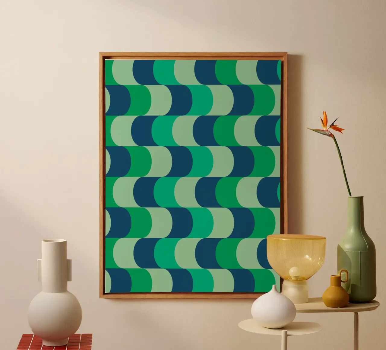 Retro Golven Groen & Blauw canvas met Baklijst van Studio Vibe