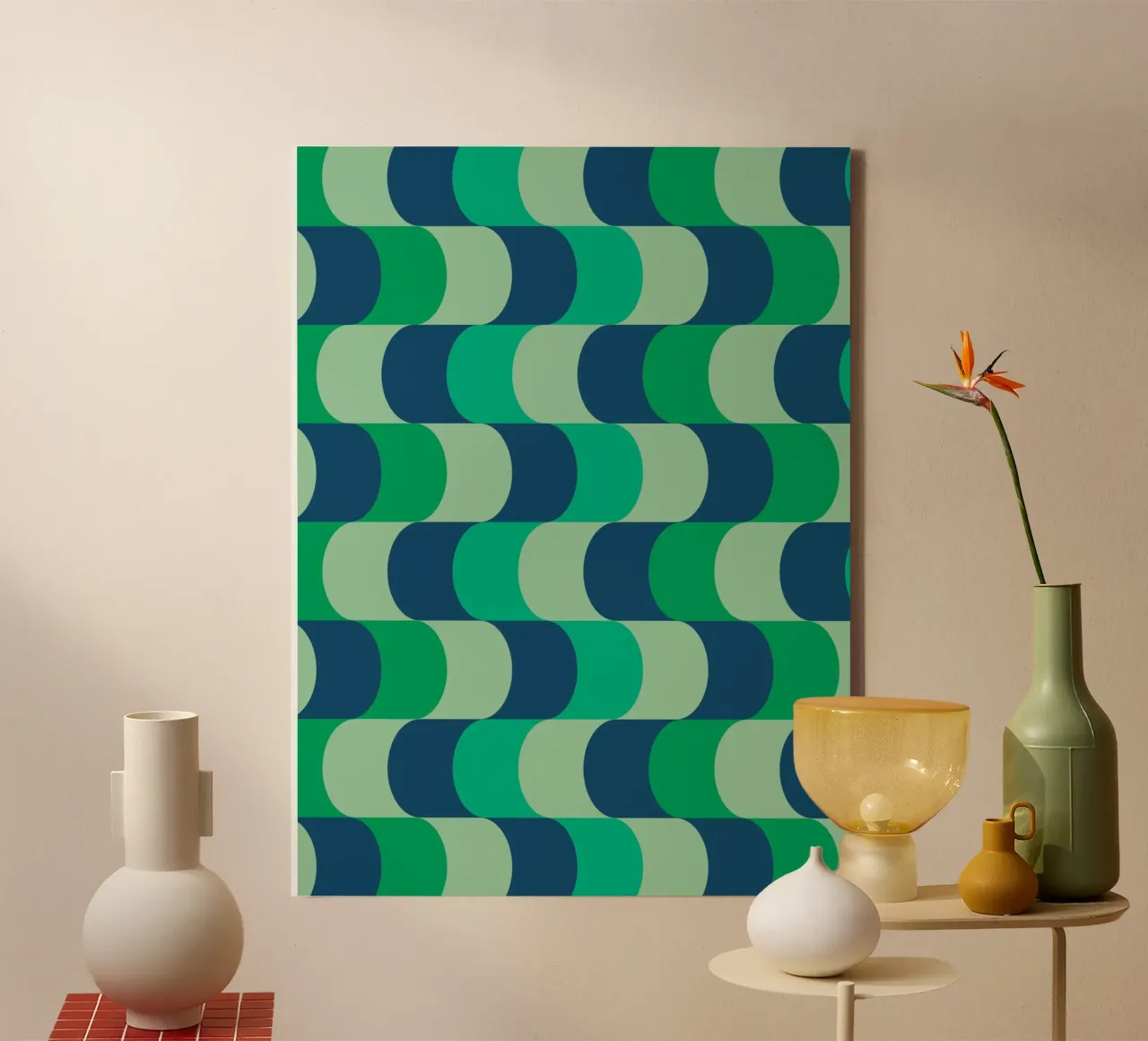 Retro Golven Groen & Blauw canvas met Baklijst van Studio Vibe