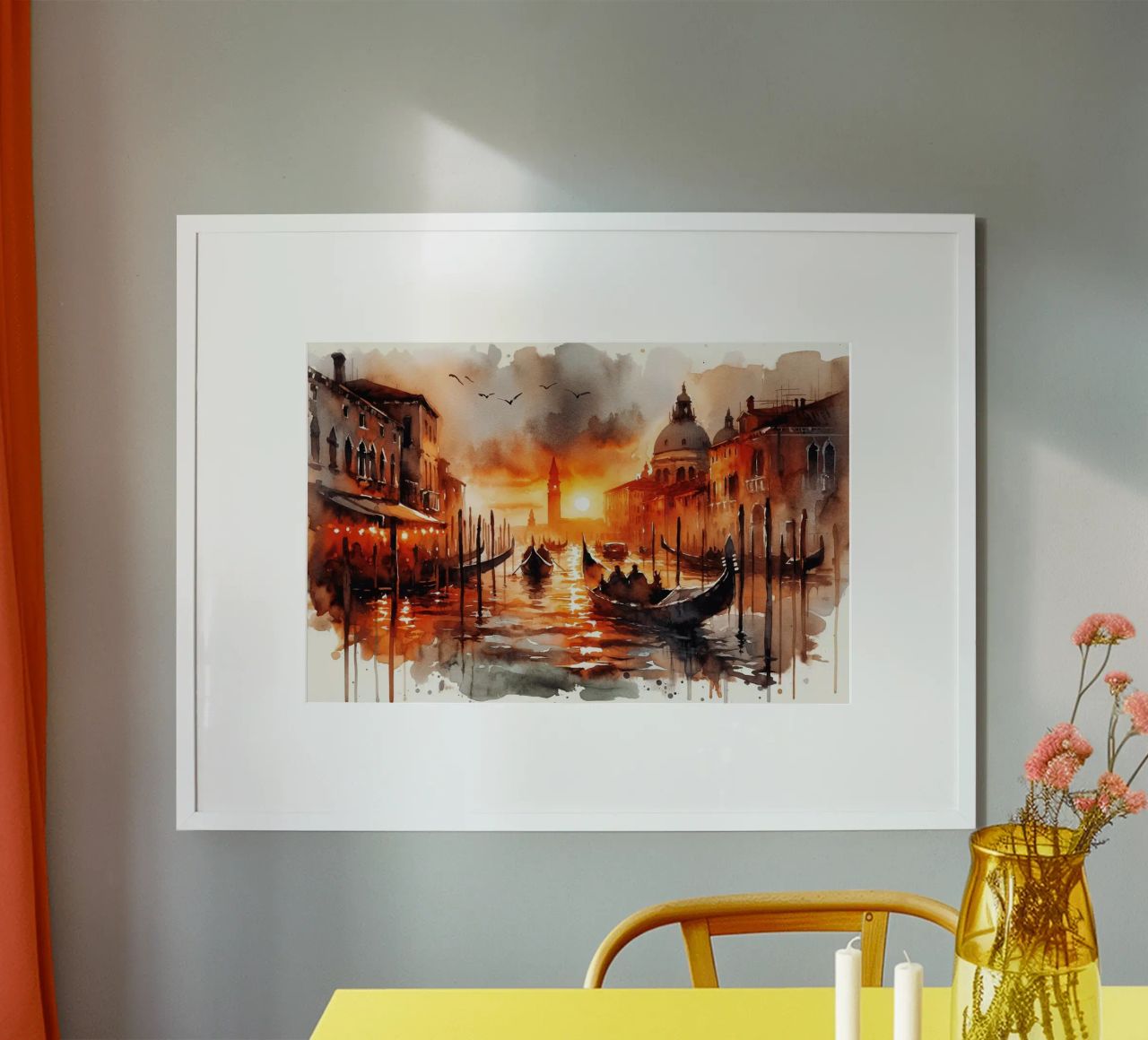 Feuriger Sonnenuntergang über dem Kanal von Venedig Poster von Chromatic Fusion Studio