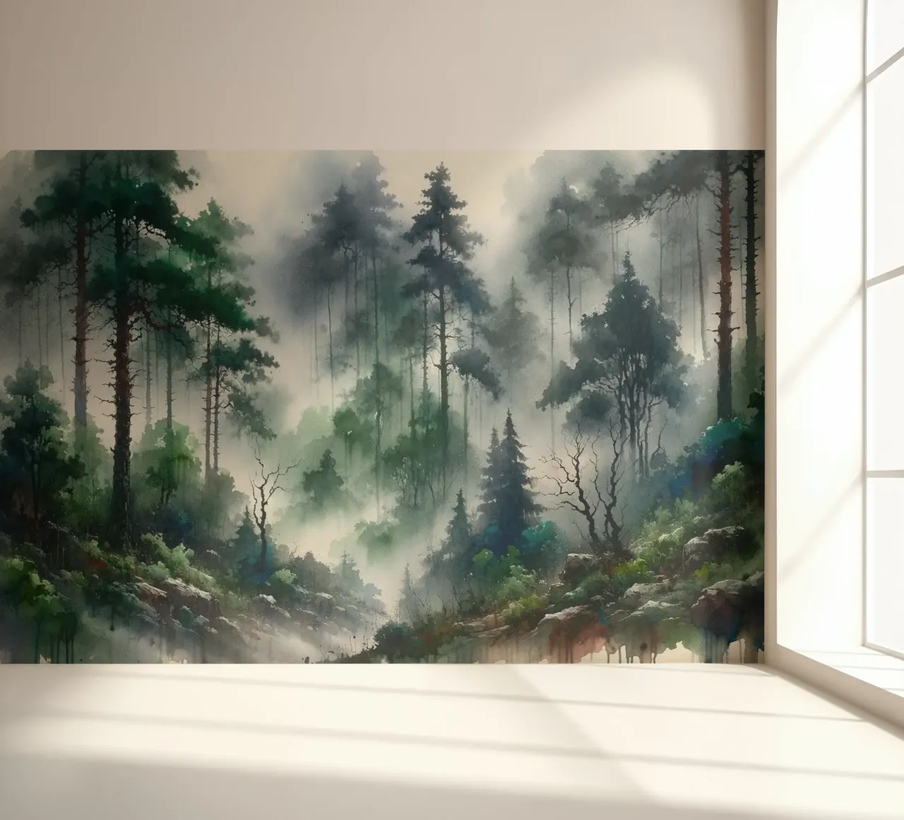 Foggy Lush Forest with Dense Trees photo wallpaper by Chromatic Fusion Studio