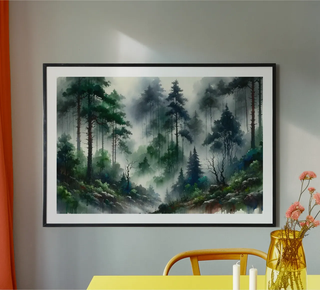 Foresta lussureggiante e nebbiosa con alberi fitti carta hahnemühle da Chromatic Fusion Studio