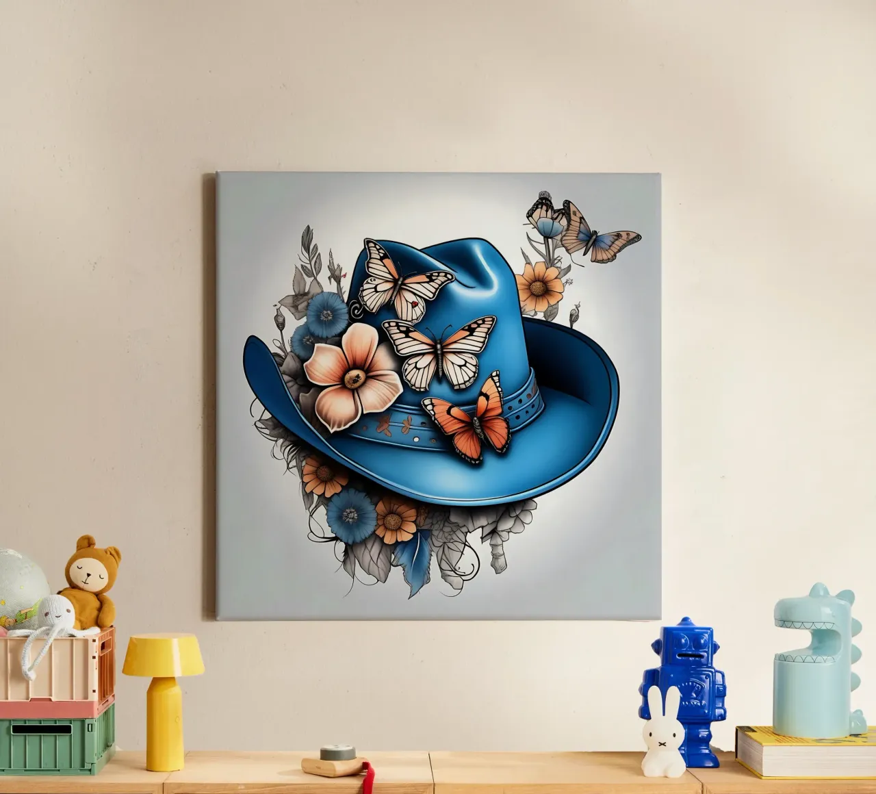Cappello da cowboy blu, con fiori e farfalle_1 tela con Cornice a cassetta da Farb- und Blütenzauber by LK
