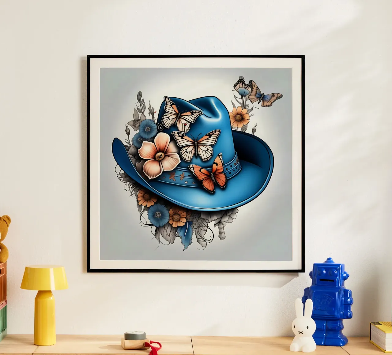Cappello da cowboy blu, con fiori e farfalle_1 poster con telaio in legno da Farb- und Blütenzauber by LK