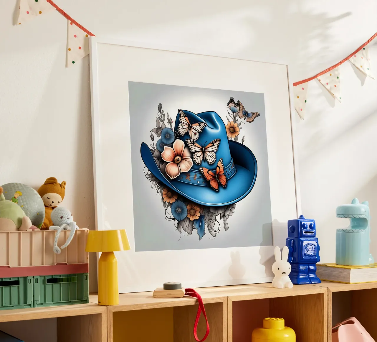 Cappello da cowboy blu, con fiori e farfalle_1 poster con telaio in legno da Farb- und Blütenzauber by LK