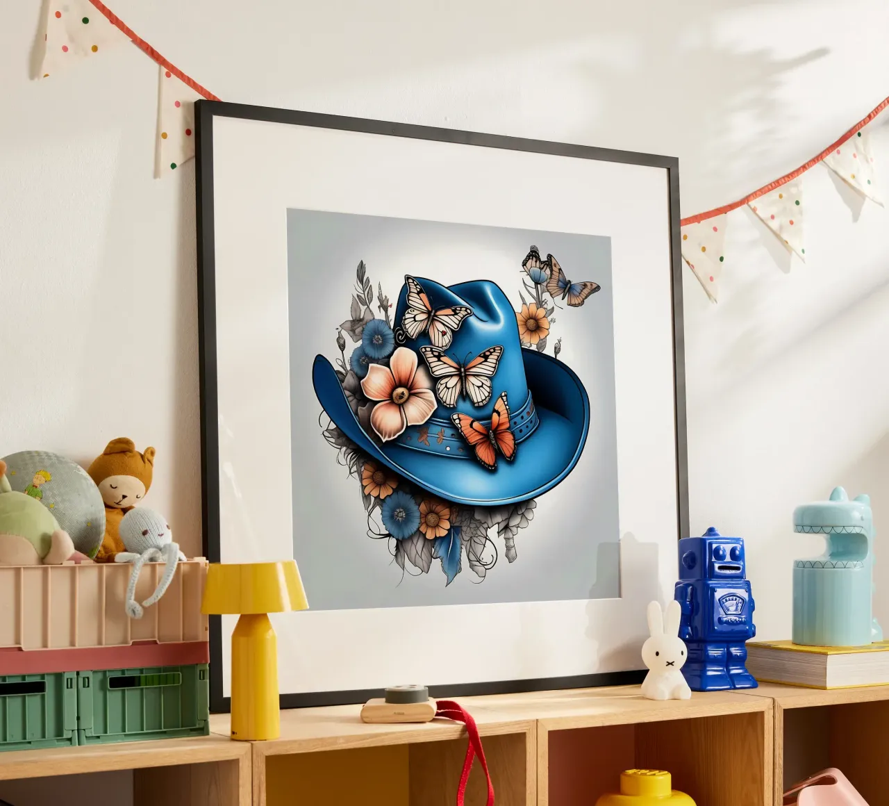 Cappello da cowboy blu, con fiori e farfalle_1 poster con telaio in legno da Farb- und Blütenzauber by LK