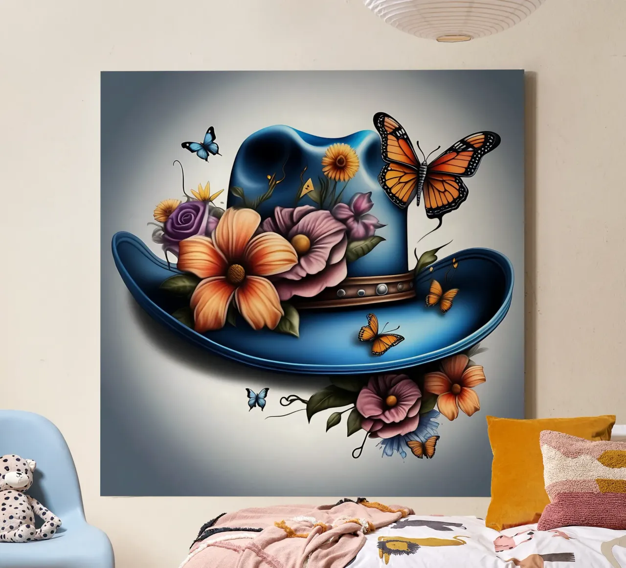 Cappello da cowboy blu, con fiori e farfalle_2 tela con Cornice a cassetta da Farb- und Blütenzauber by LK