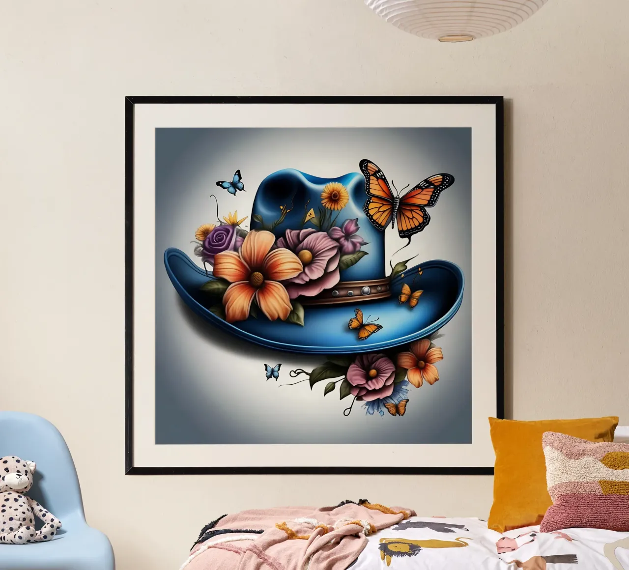 Cappello da cowboy blu, con fiori e farfalle_2 poster con telaio in plastica da Farb- und Blütenzauber by LK