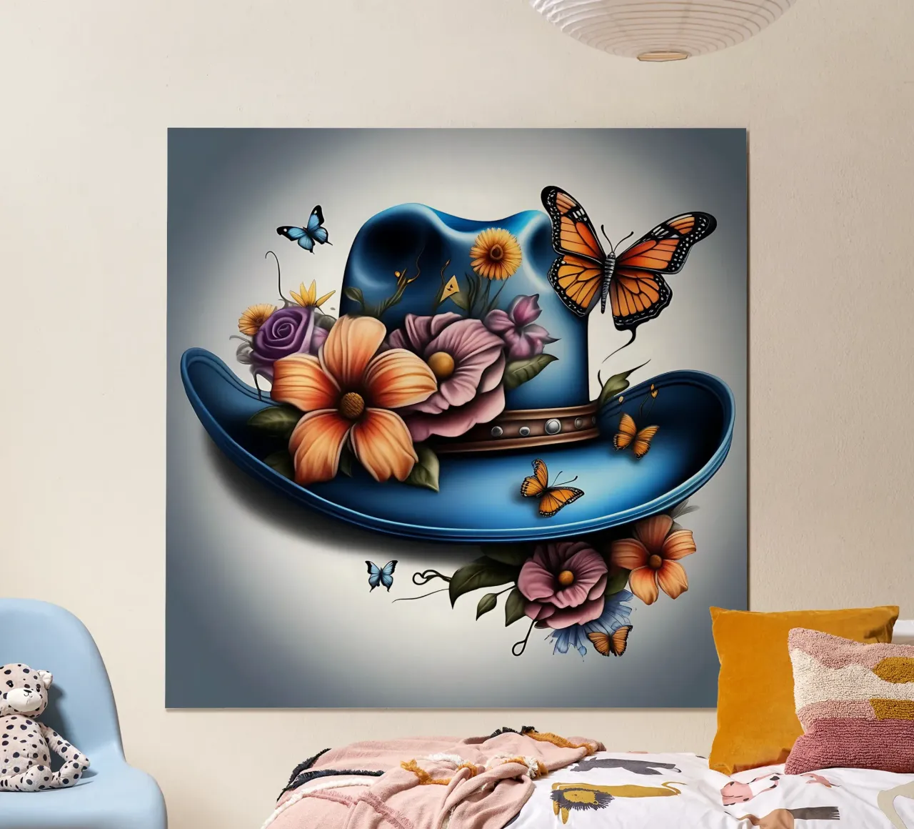 Cappello da cowboy blu, con fiori e farfalle_2 poster con telaio in plastica da Farb- und Blütenzauber by LK