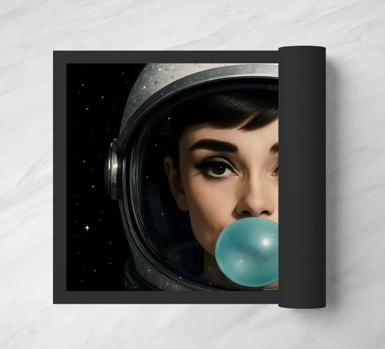 AUDREY HEPBURN BUBBLEGUM SPACE ASTRONAUT doormat by ARTOMATIC