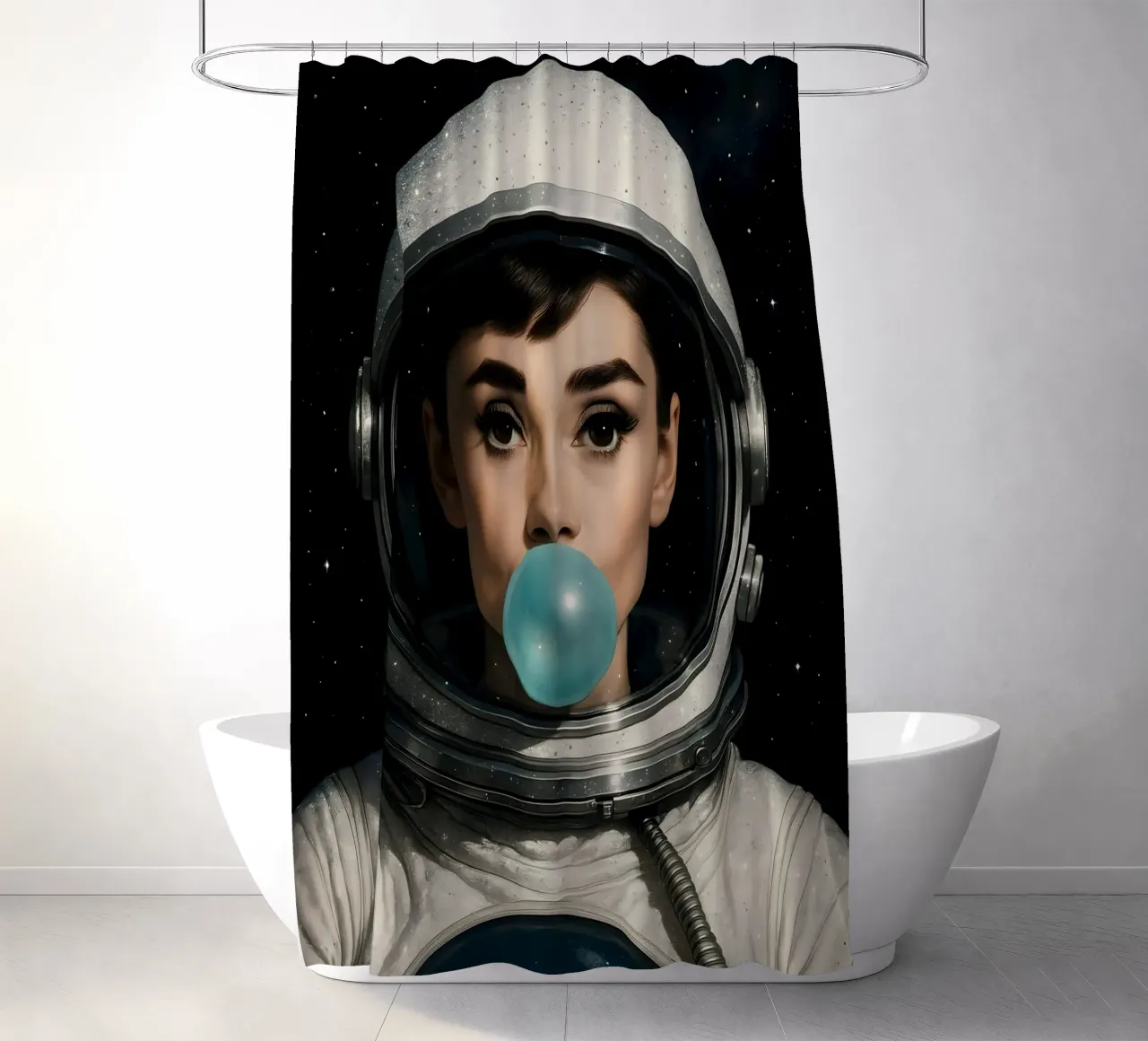 AUDREY HEPBURN BUBBLEGUM SPACE ASTRONAUT Duschvorhang von ARTOMATIC