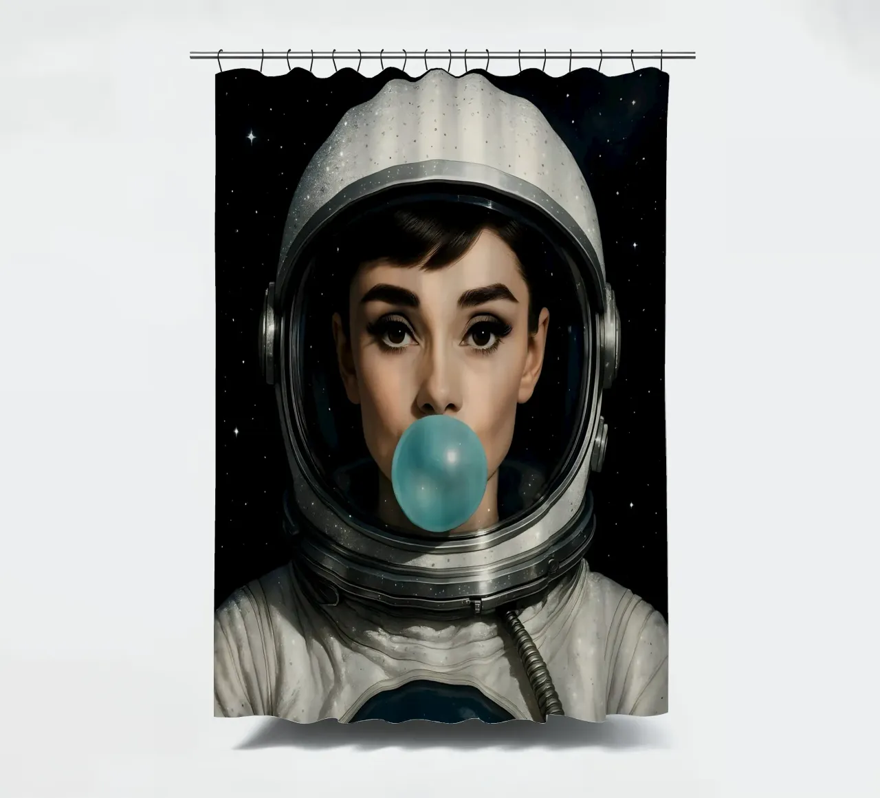 AUDREY HEPBURN BUBBLEGUM SPACE ASTRONAUT Duschvorhang von ARTOMATIC