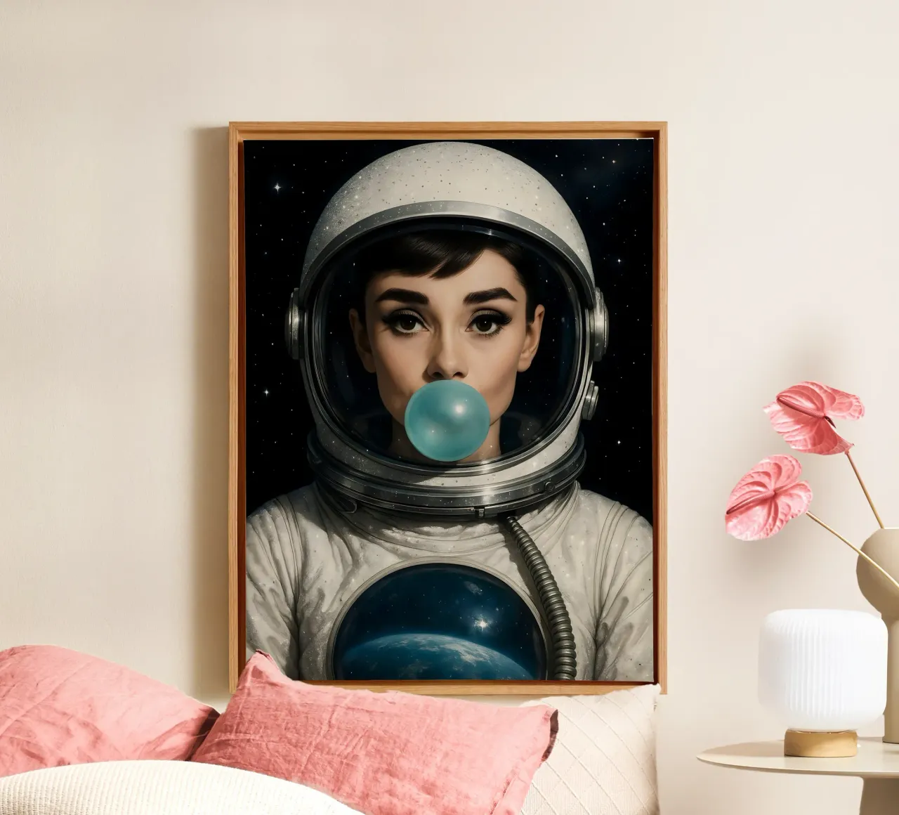 AUDREY HEPBURN BUBBLEGUM SPACE ASTRONAUT canvas by ARTOMATIC