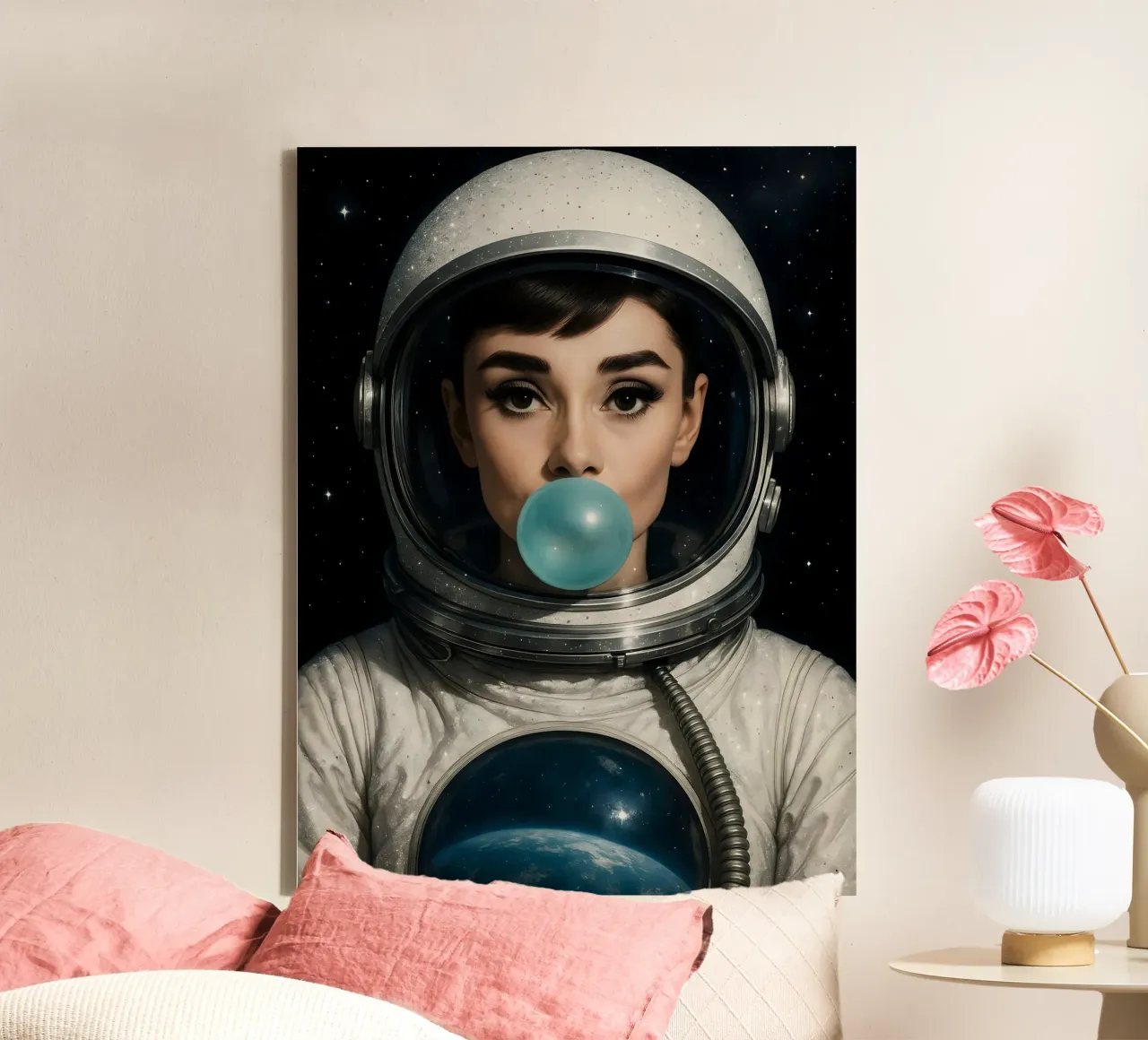 AUDREY HEPBURN BUBBLEGUM SPACE ASTRONAUT canvas by ARTOMATIC