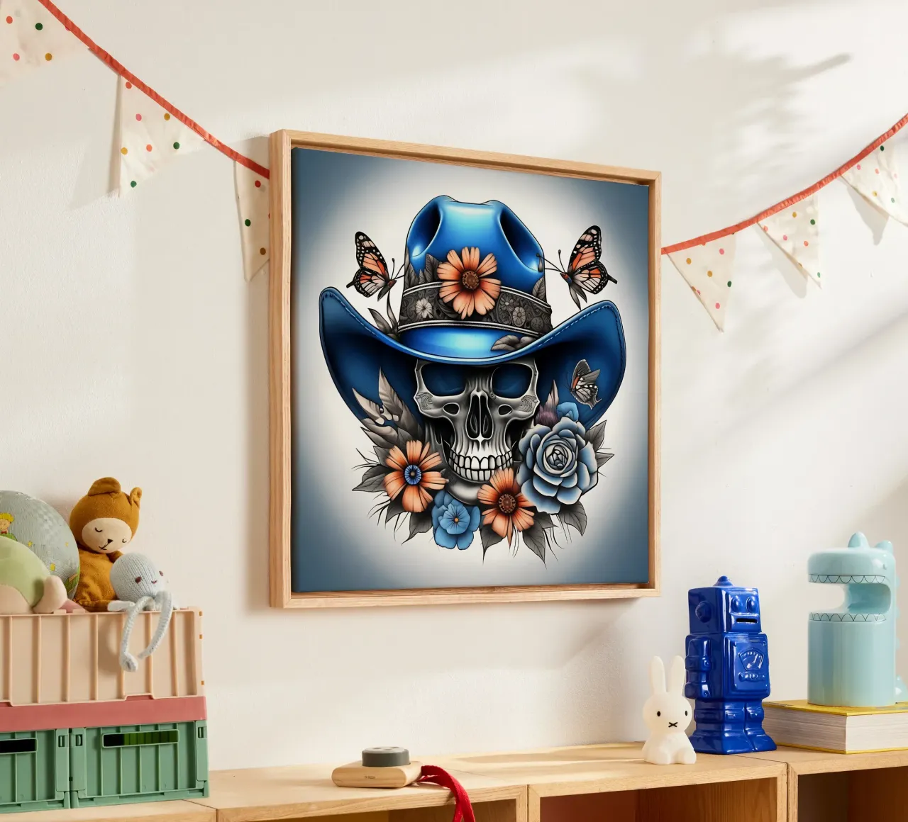 Cappello da cowboy blu con teschio, fiori e farfalle tela con Cornice a cassetta da Farb- und Blütenzauber by LK