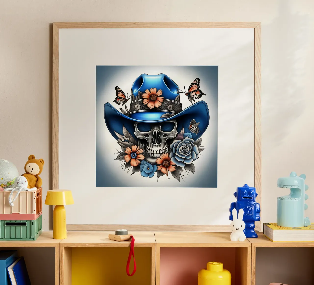 Cappello da cowboy blu con teschio, fiori e farfalle poster con telaio in plastica da Farb- und Blütenzauber by LK