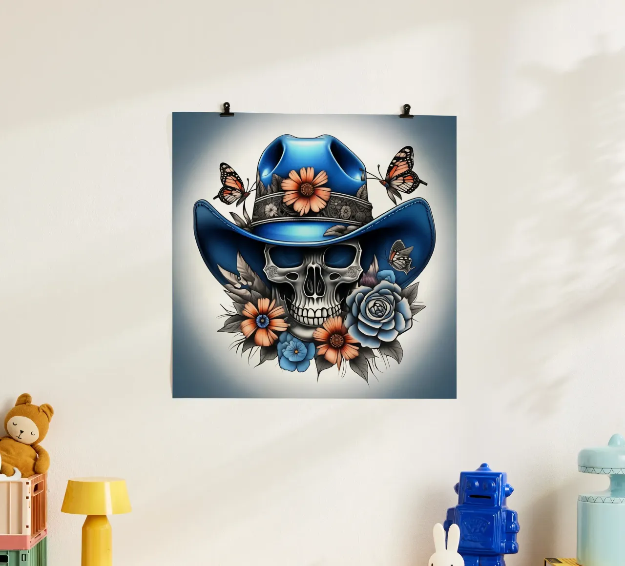 Cappello da cowboy blu con teschio, fiori e farfalle poster con telaio in plastica da Farb- und Blütenzauber by LK