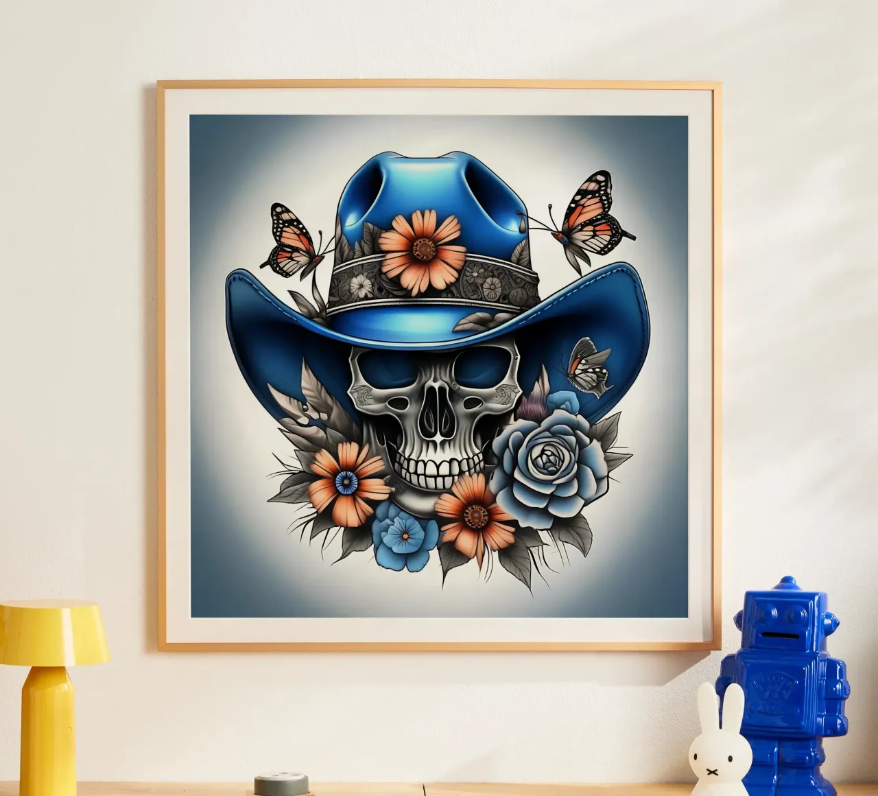 Cappello da cowboy blu con teschio, fiori e farfalle poster con telaio in plastica da Farb- und Blütenzauber by LK
